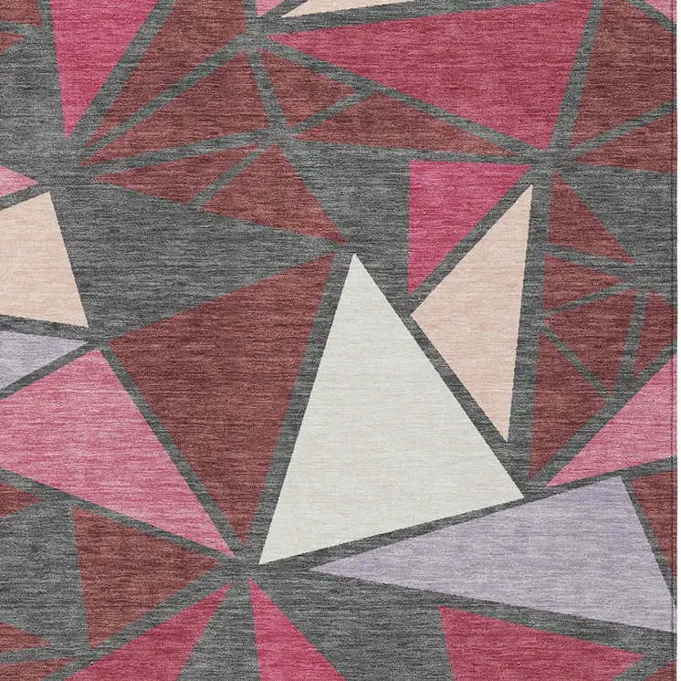 5' X 8' Burgundy Pink And Charcoal Geometric Washable Indoor Outdoor Area Rug