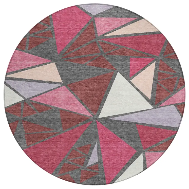 8' Burgundy Pink And Charcoal Round Geometric Washable Indoor Outdoor Area Rug