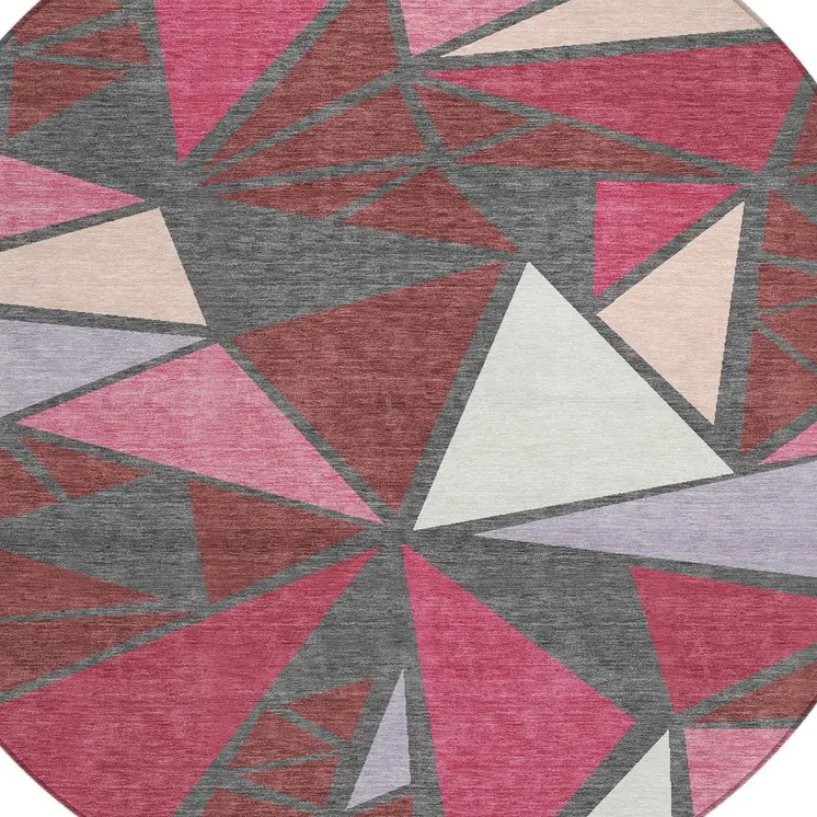 8' Burgundy Pink And Charcoal Round Geometric Washable Indoor Outdoor Area Rug