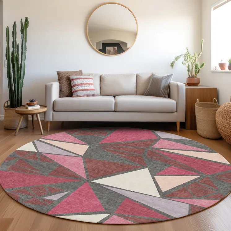 8' Burgundy Pink And Charcoal Round Geometric Washable Indoor Outdoor Area Rug