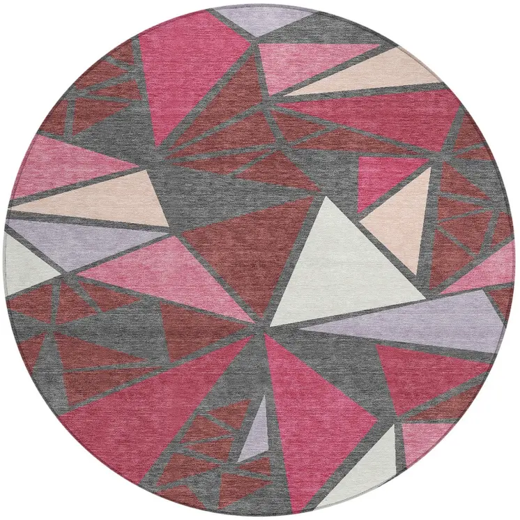 8' Burgundy Pink And Charcoal Round Geometric Washable Indoor Outdoor Area Rug