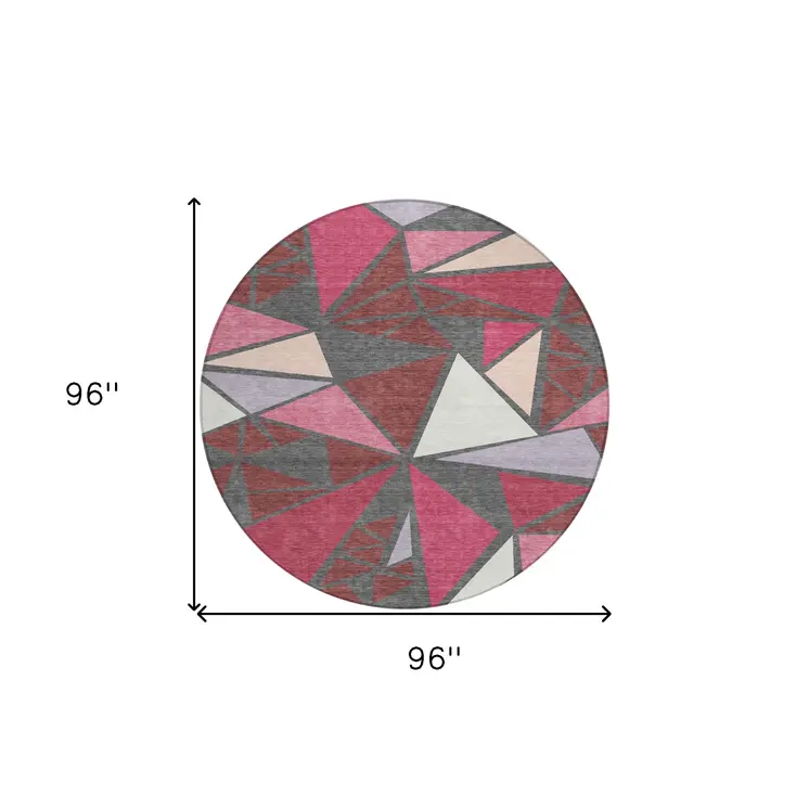 8' Burgundy Pink And Charcoal Round Geometric Washable Indoor Outdoor Area Rug