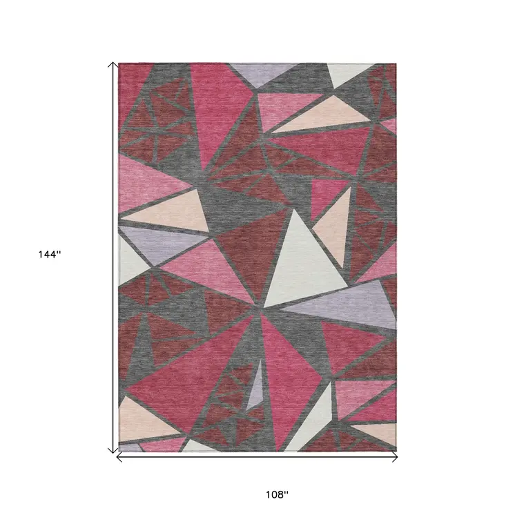 9' X 12' Burgundy Pink And Charcoal Geometric Washable Indoor Outdoor Area Rug