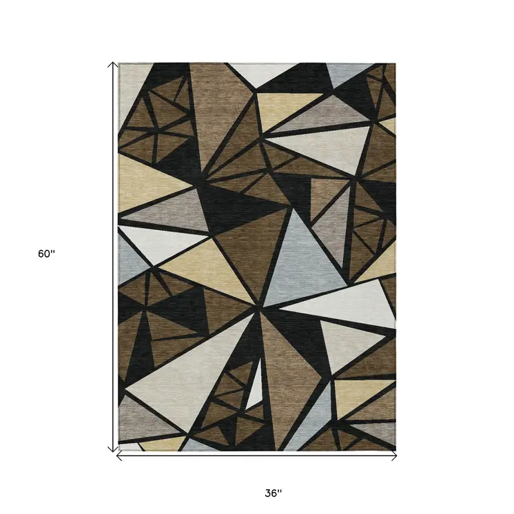 3' X 5' Brown Black And Ivory Geometric Washable Indoor Outdoor Area Rug