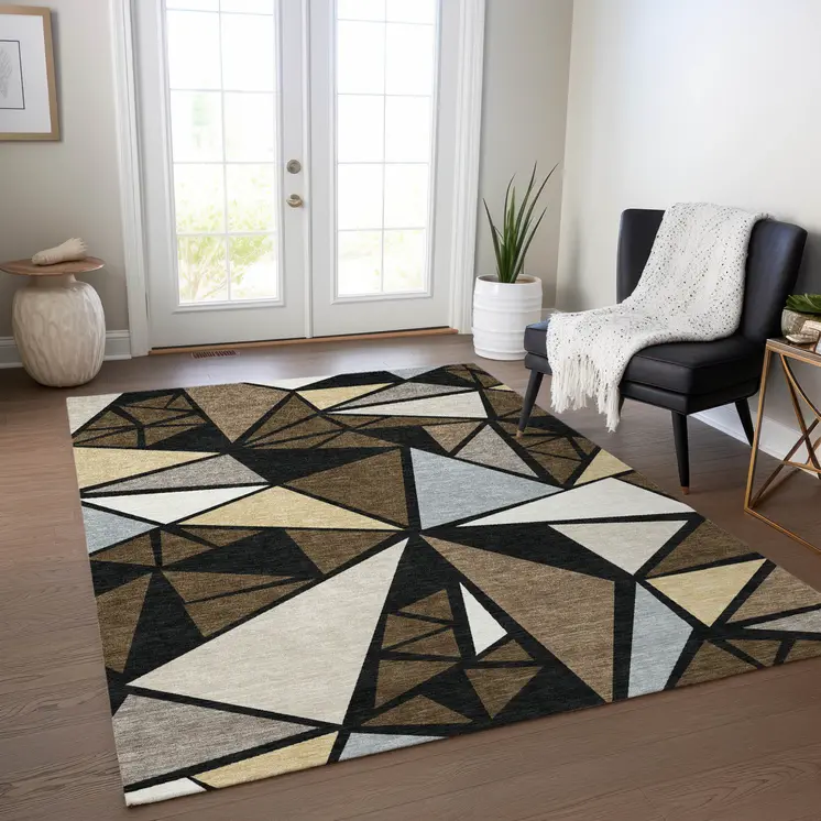 3' X 5' Brown Black And Ivory Geometric Washable Indoor Outdoor Area Rug