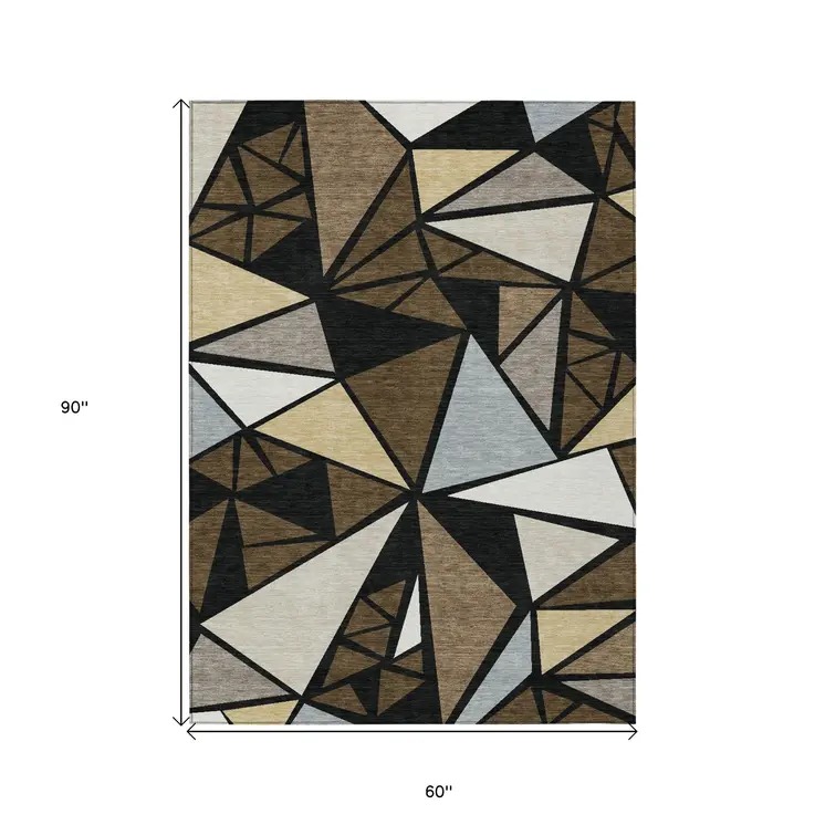 5' X 8' Brown Black And Ivory Geometric Washable Indoor Outdoor Area Rug