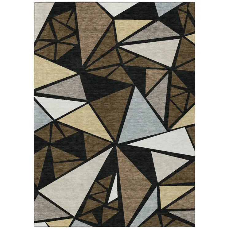 5' X 8' Brown Black And Ivory Geometric Washable Indoor Outdoor Area Rug