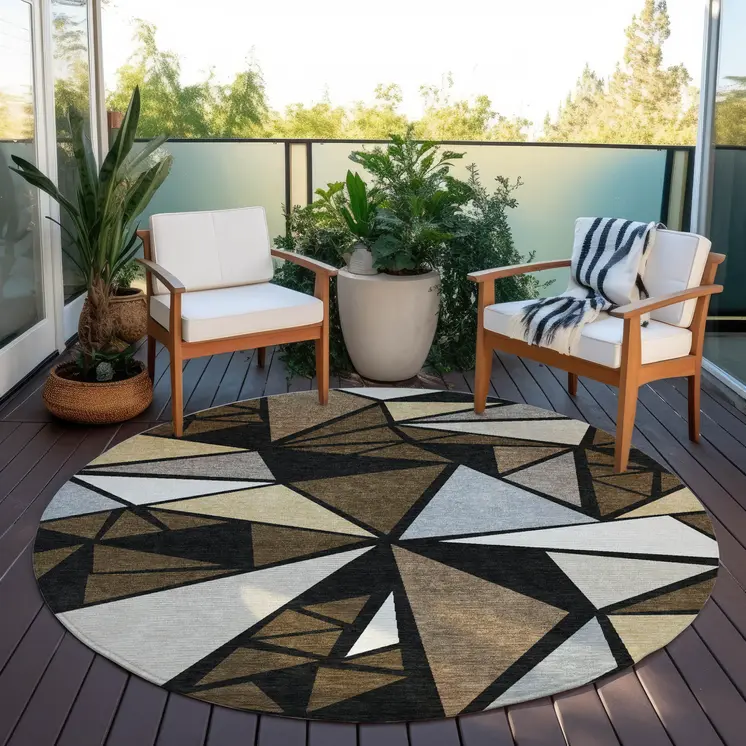 8' Brown Black And Ivory Round Geometric Washable Indoor Outdoor Area Rug