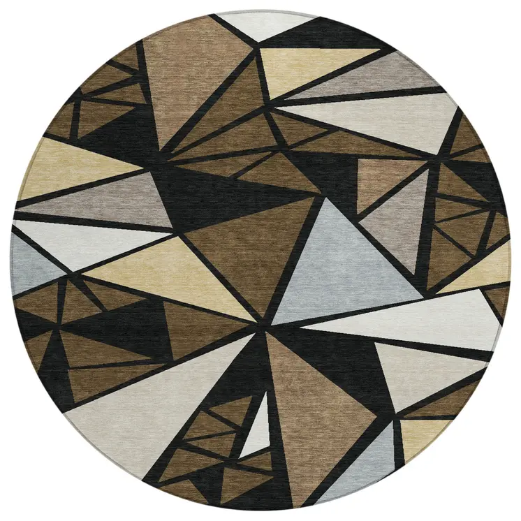 8' Brown Black And Ivory Round Geometric Washable Indoor Outdoor Area Rug