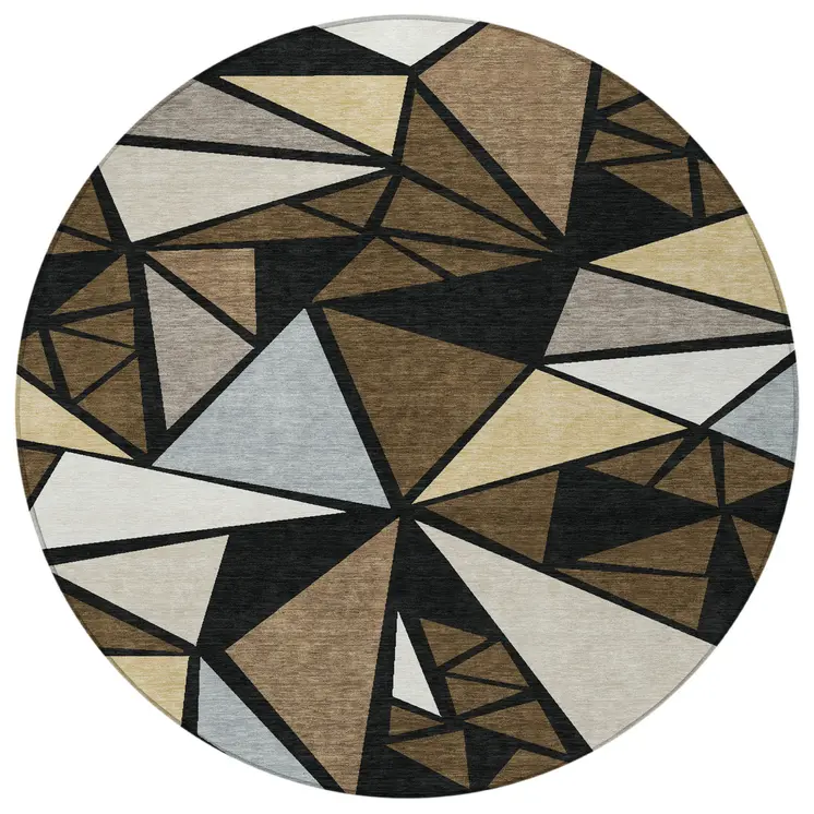 8' Brown Black And Ivory Round Geometric Washable Indoor Outdoor Area Rug