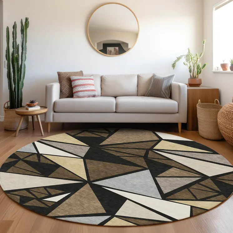 8' Brown Black And Ivory Round Geometric Washable Indoor Outdoor Area Rug