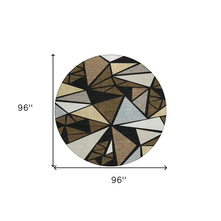 8' Brown Black And Ivory Round Geometric Washable Indoor Outdoor Area Rug