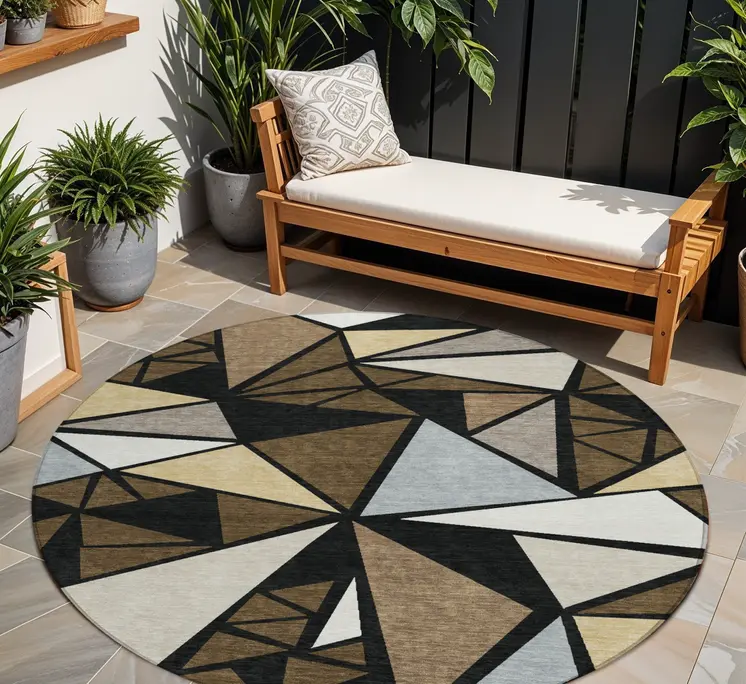 8' Brown Black And Ivory Round Geometric Washable Indoor Outdoor Area Rug