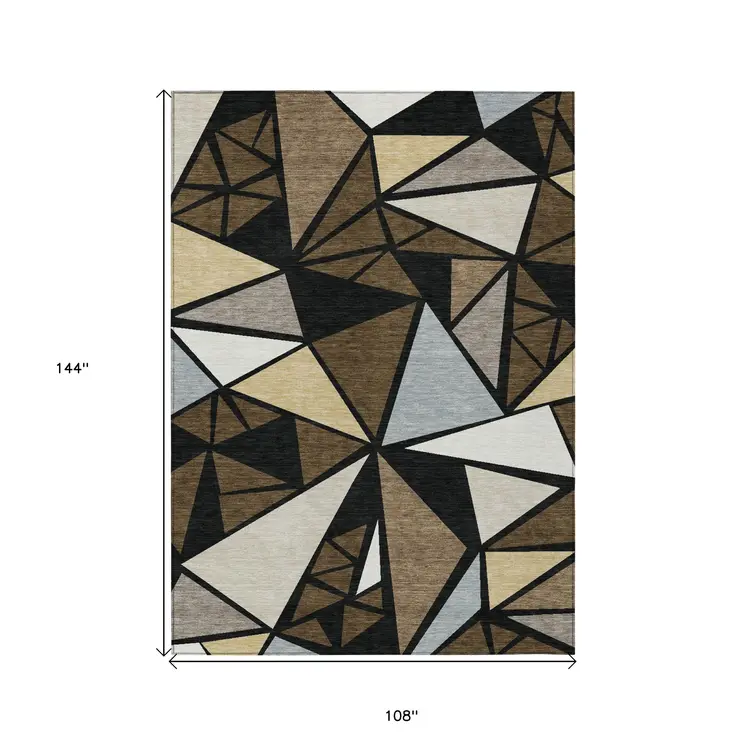 9' X 12' Brown Black And Ivory Geometric Washable Indoor Outdoor Area Rug