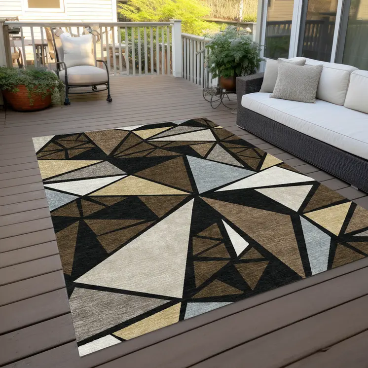 9' X 12' Brown Black And Ivory Geometric Washable Indoor Outdoor Area Rug