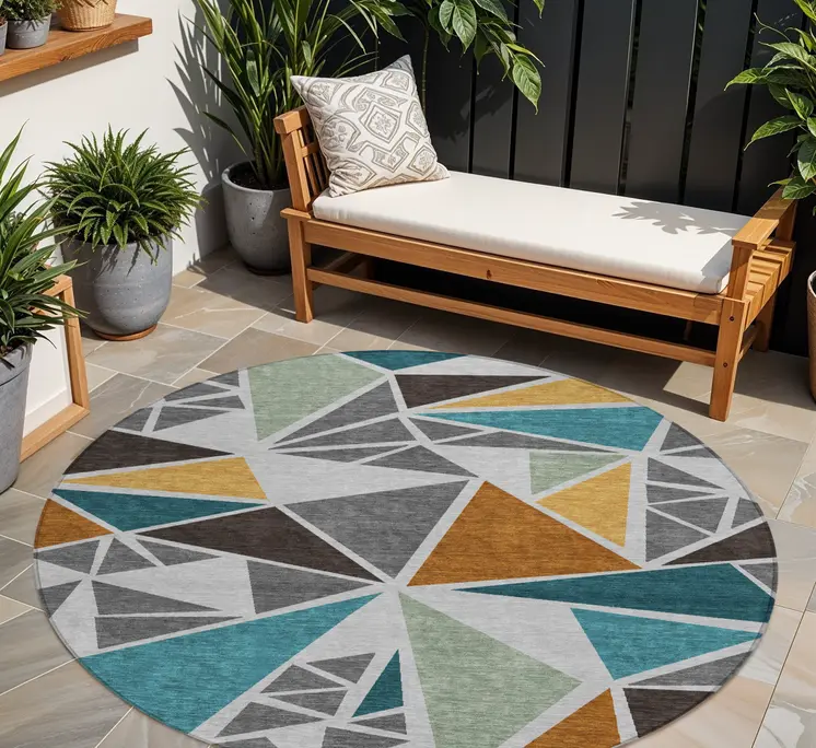 8' Gray Copper And Brown Round Geometric Washable Indoor Outdoor Area Rug