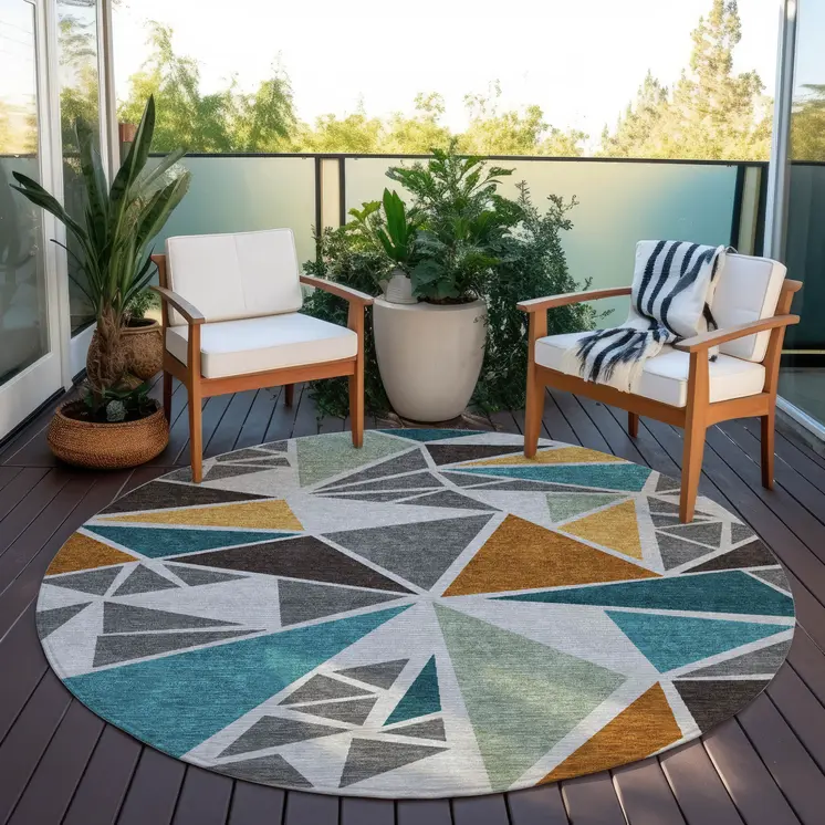 8' Gray Copper And Brown Round Geometric Washable Indoor Outdoor Area Rug