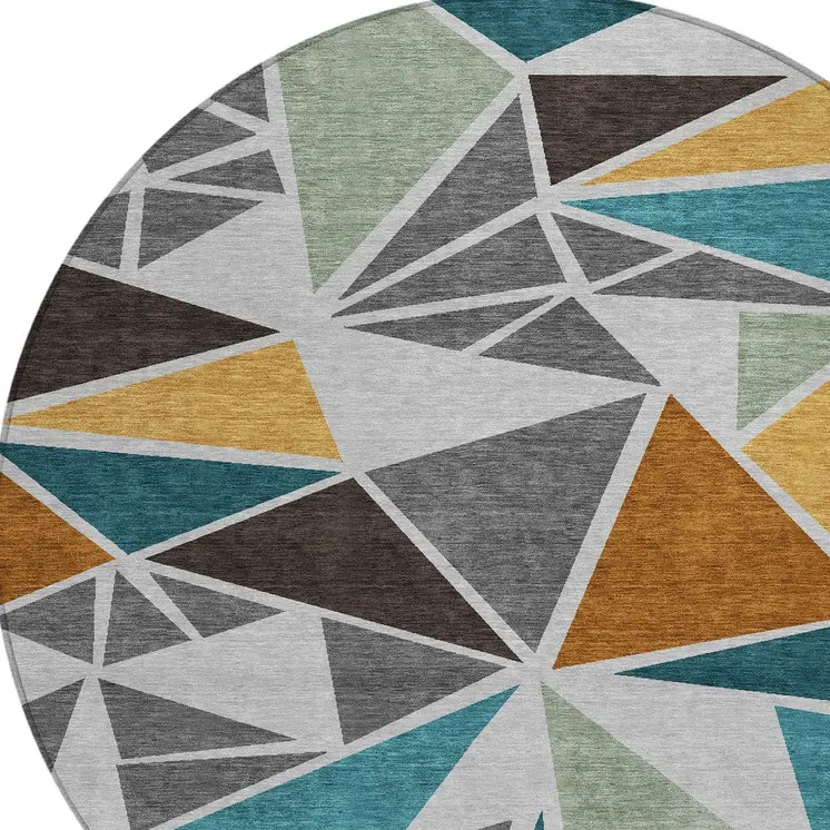 8' Gray Copper And Brown Round Geometric Washable Indoor Outdoor Area Rug