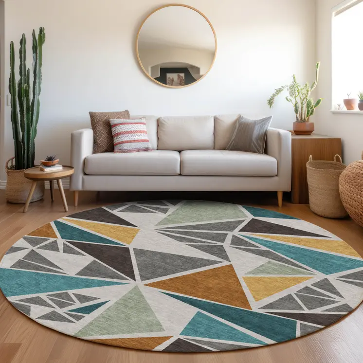8' Gray Copper And Brown Round Geometric Washable Indoor Outdoor Area Rug