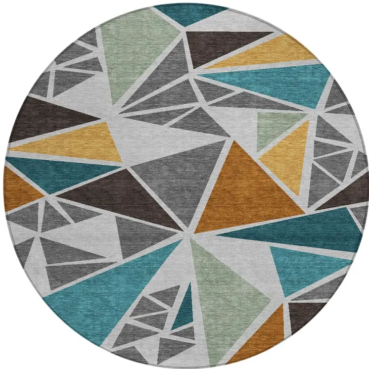 8' Gray Copper And Brown Round Geometric Washable Indoor Outdoor Area Rug