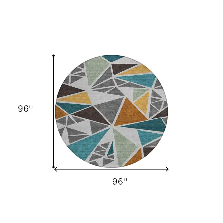 8' Gray Copper And Brown Round Geometric Washable Indoor Outdoor Area Rug