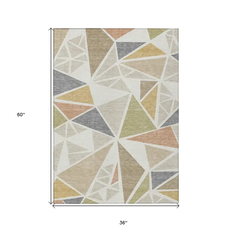 3' X 5' Ivory Brown And Green Geometric Washable Indoor Outdoor Area Rug