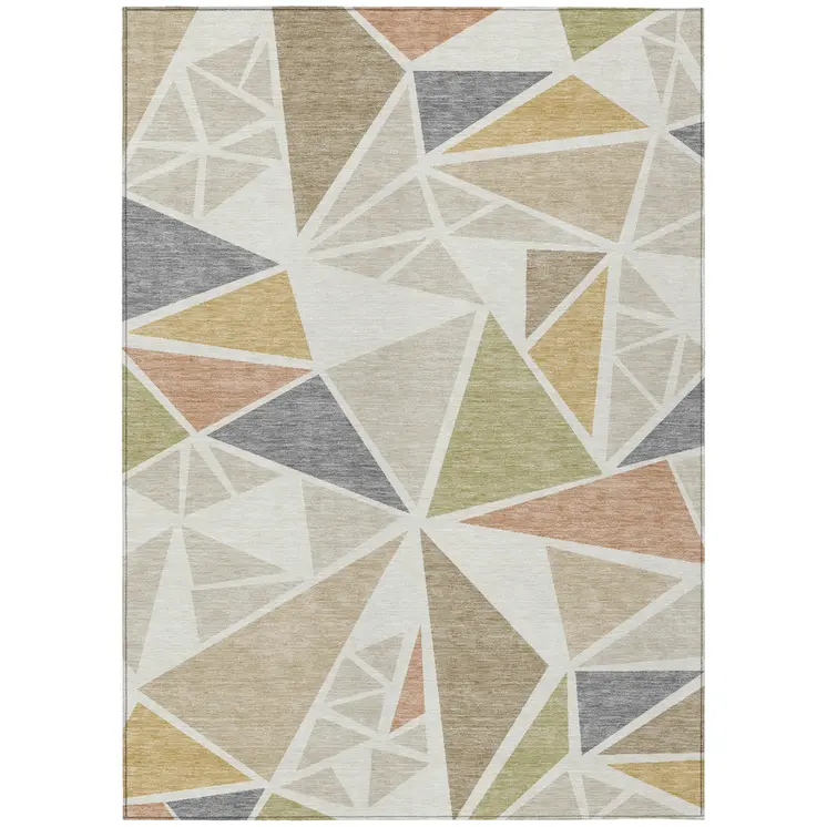 3' X 5' Ivory Brown And Green Geometric Washable Indoor Outdoor Area Rug