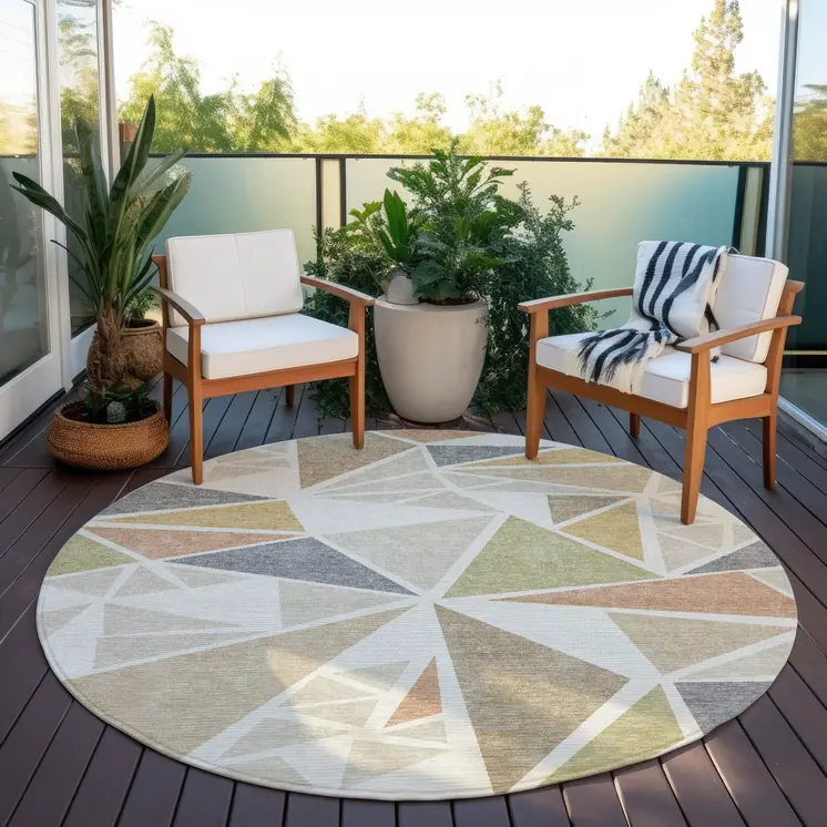 8' Ivory Brown And Green Round Geometric Washable Indoor Outdoor Area Rug