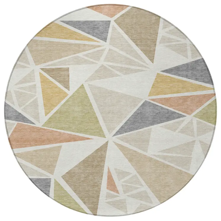 8' Ivory Brown And Green Round Geometric Washable Indoor Outdoor Area Rug