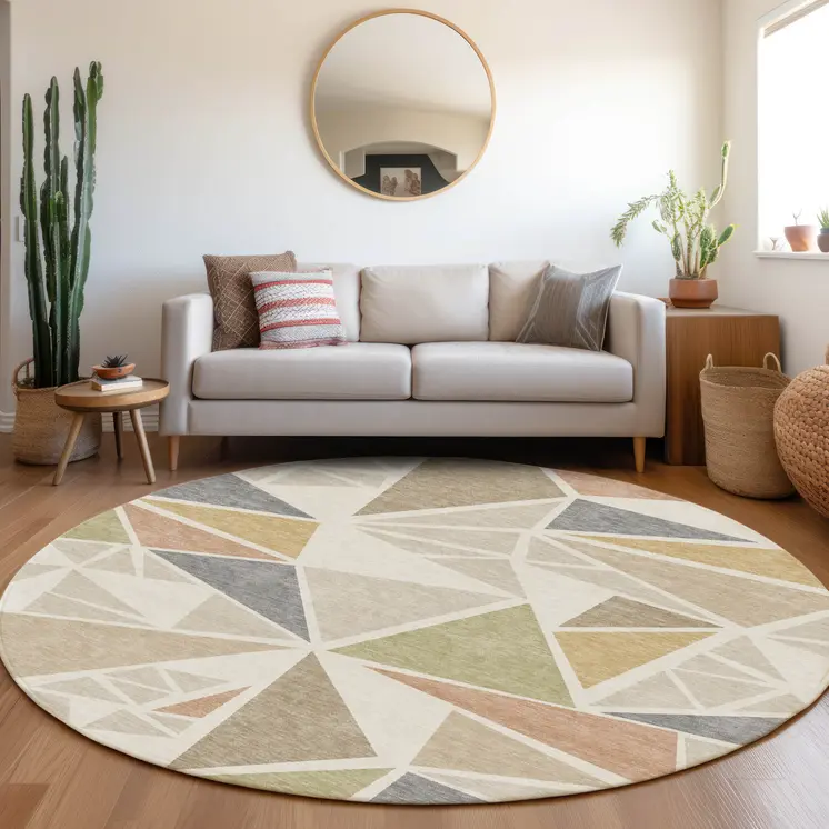8' Ivory Brown And Green Round Geometric Washable Indoor Outdoor Area Rug