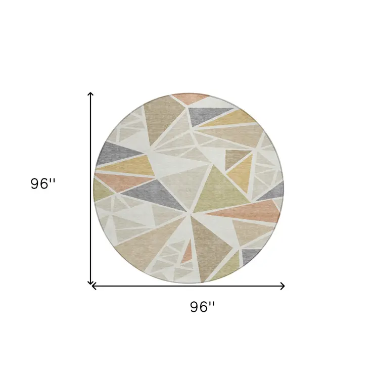 8' Ivory Brown And Green Round Geometric Washable Indoor Outdoor Area Rug