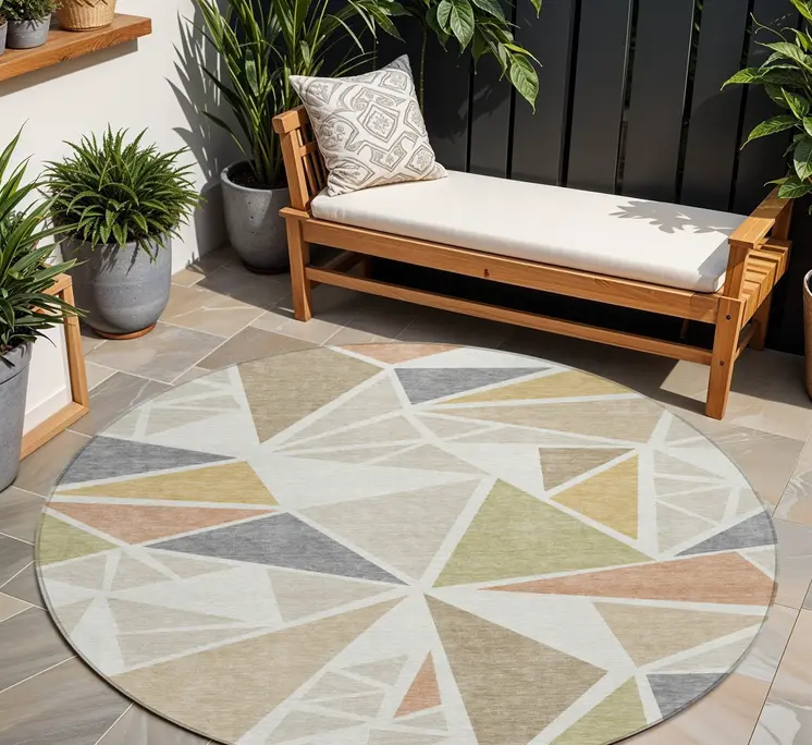 8' Ivory Brown And Green Round Geometric Washable Indoor Outdoor Area Rug