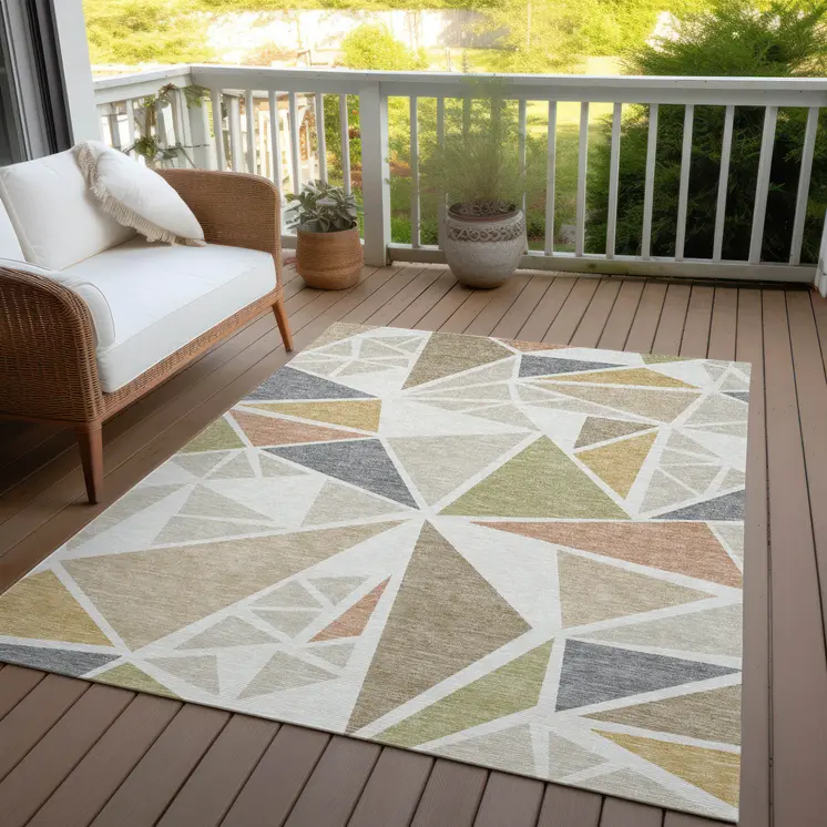 9' X 12' Ivory Brown And Green Geometric Washable Indoor Outdoor Area Rug