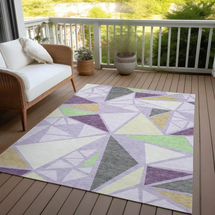5' X 8' Lavender Purple And Green Geometric Washable Indoor Outdoor Area Rug