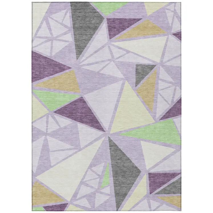 5' X 8' Lavender Purple And Green Geometric Washable Indoor Outdoor Area Rug