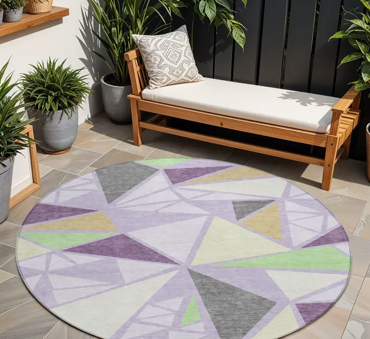 8' Lavender Purple And Green Round Geometric Washable Indoor Outdoor Area Rug