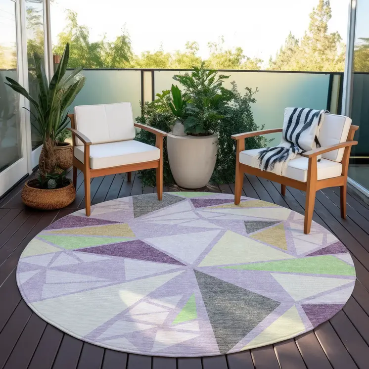 8' Lavender Purple And Green Round Geometric Washable Indoor Outdoor Area Rug