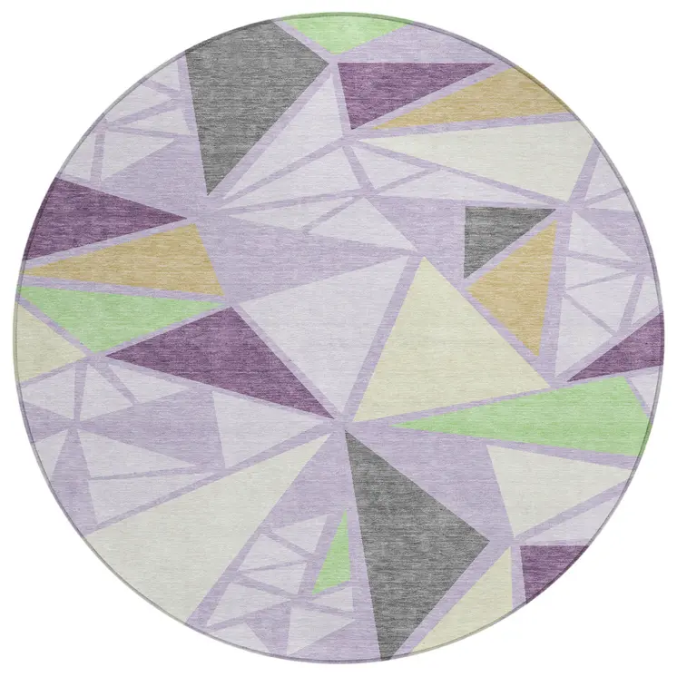 8' Lavender Purple And Green Round Geometric Washable Indoor Outdoor Area Rug