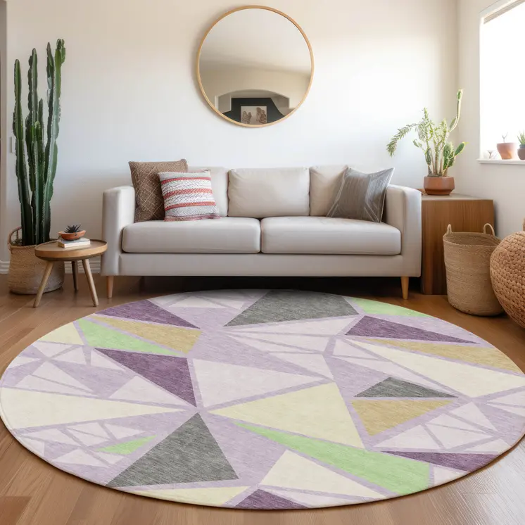 8' Lavender Purple And Green Round Geometric Washable Indoor Outdoor Area Rug