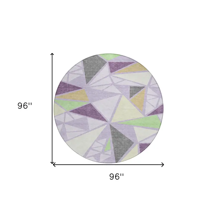 8' Lavender Purple And Green Round Geometric Washable Indoor Outdoor Area Rug