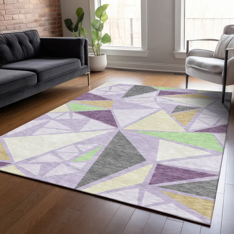 8' X 10' Lavender Purple And Green Geometric Washable Indoor Outdoor Area Rug