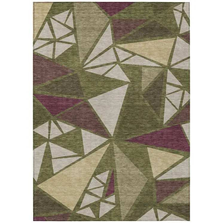 5' X 8' Olive Green Ivory And Burgundy Geometric Washable Indoor Outdoor Area Rug