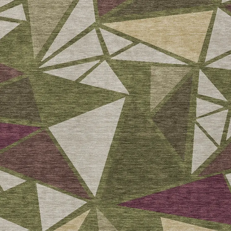 5' X 8' Olive Green Ivory And Burgundy Geometric Washable Indoor Outdoor Area Rug