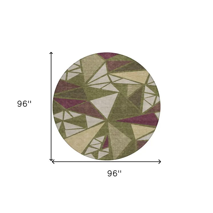 8' Olive Green Ivory And Burgundy Round Geometric Washable Indoor Outdoor Area Rug