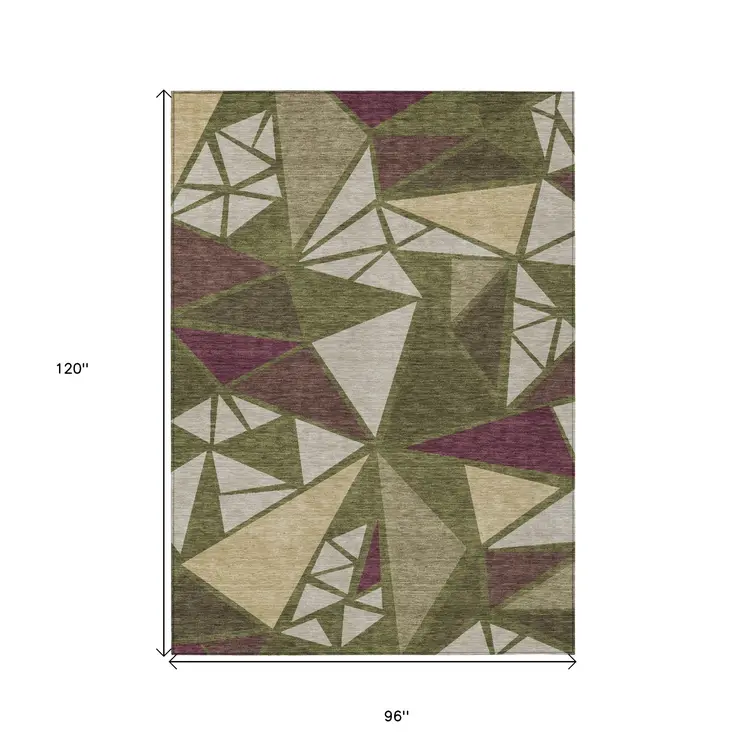 8' X 10' Olive Green Ivory And Burgundy Geometric Washable Indoor Outdoor Area Rug