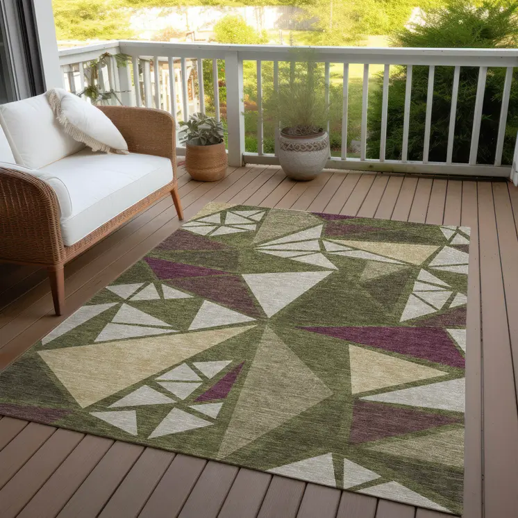 8' X 10' Olive Green Ivory And Burgundy Geometric Washable Indoor Outdoor Area Rug