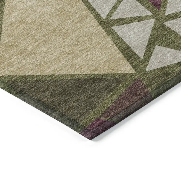 8' X 10' Olive Green Ivory And Burgundy Geometric Washable Indoor Outdoor Area Rug