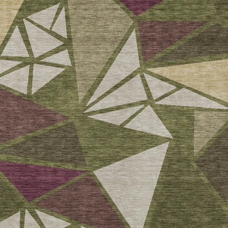 8' X 10' Olive Green Ivory And Burgundy Geometric Washable Indoor Outdoor Area Rug