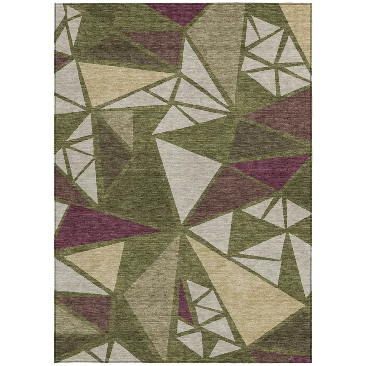 9' X 12' Olive Green Ivory And Burgundy Geometric Washable Indoor Outdoor Area Rug