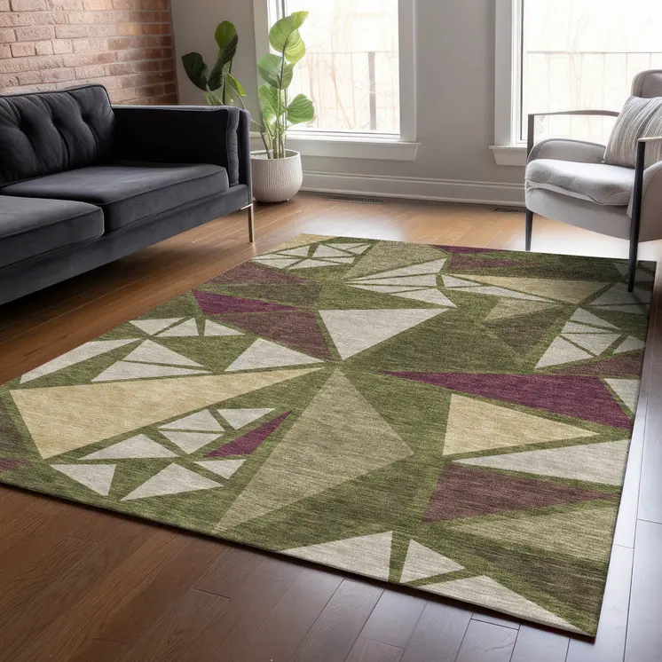 9' X 12' Olive Green Ivory And Burgundy Geometric Washable Indoor Outdoor Area Rug